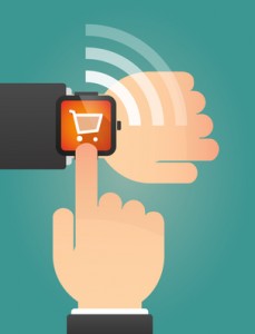 Hand pointing a smart watch with a shopping cart